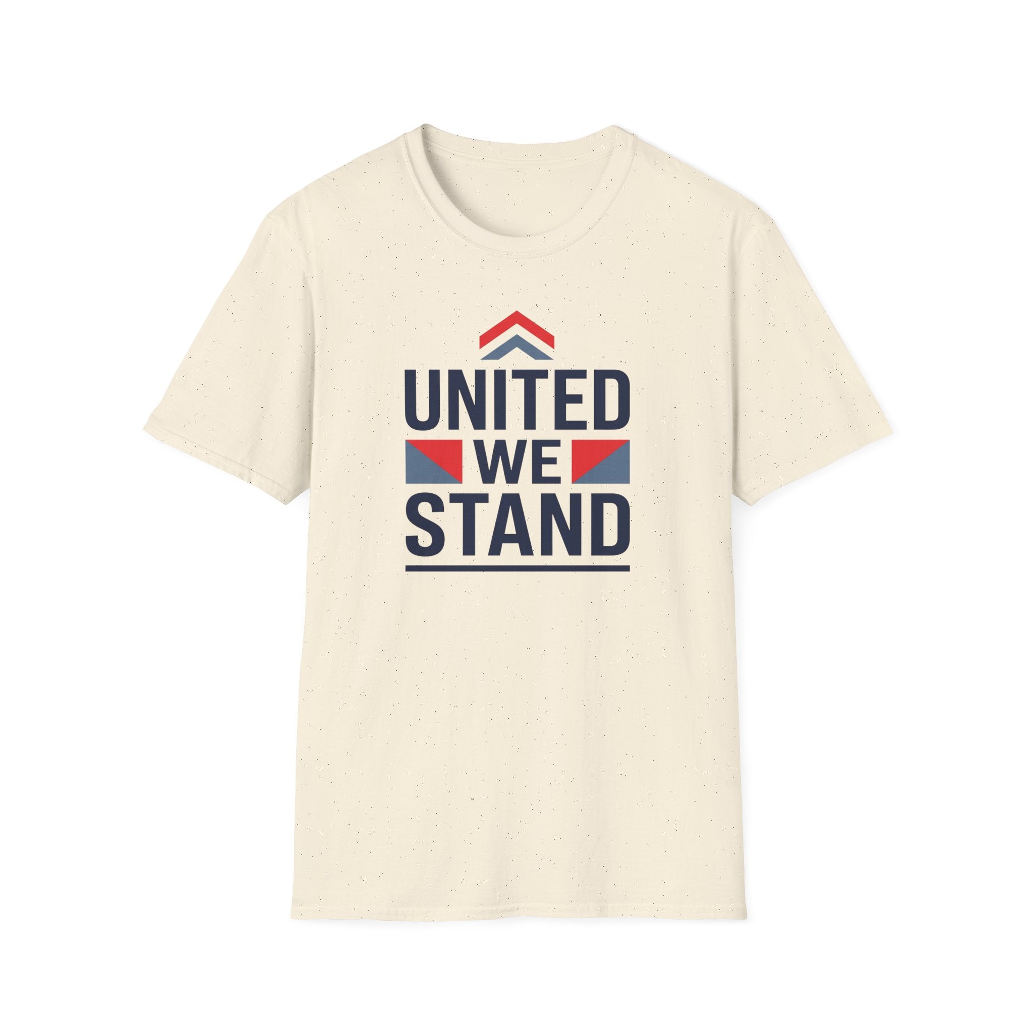 Cream crewneck T-shirt with “UNITED WE STAND” graphic on the chest.