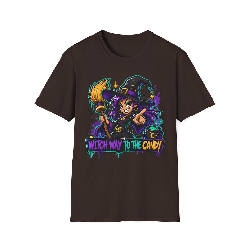 Dark brown T-shirt with colorful witch holding candy and “Witch Way to the Candy” text