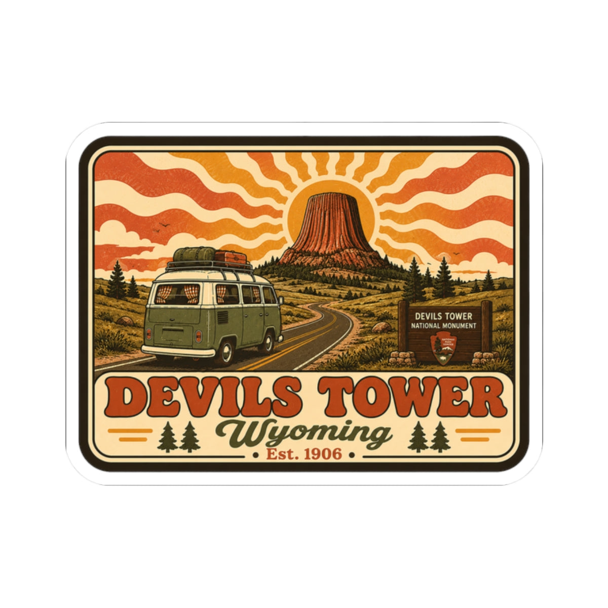 Kiss-cut sticker with orange retro landscape, green camper van, and Devil’s Tower title