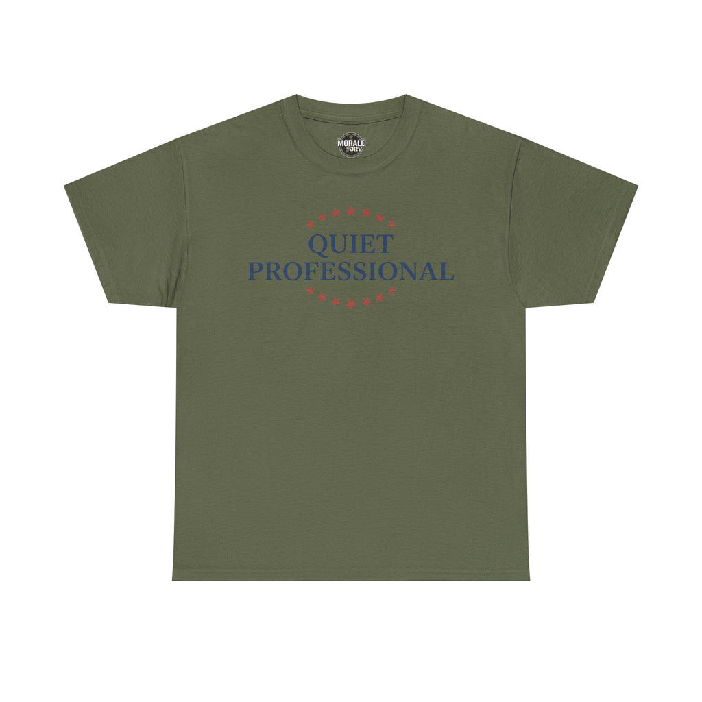 Military green crew-neck t-shirt with red star circle and “QUIET PROFESSIONAL” graphic