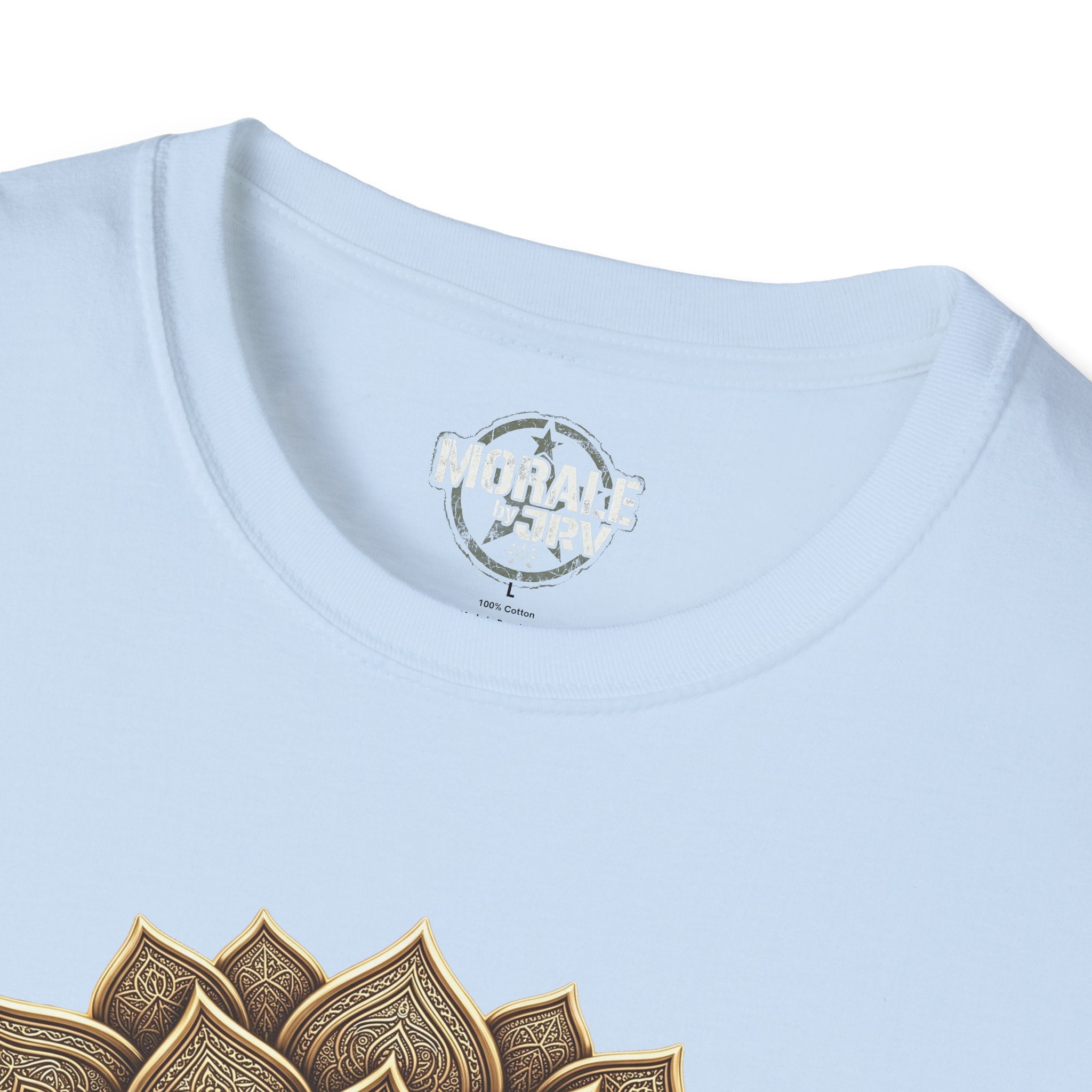 Light blue crew-neck T-shirt, collar logo above gold mandala edge