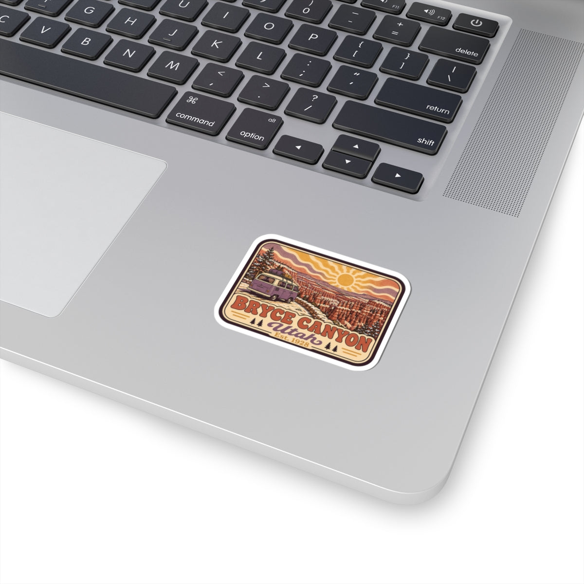 Rectangular kiss-cut sticker with Bryce Canyon sunset landscape and stylized text