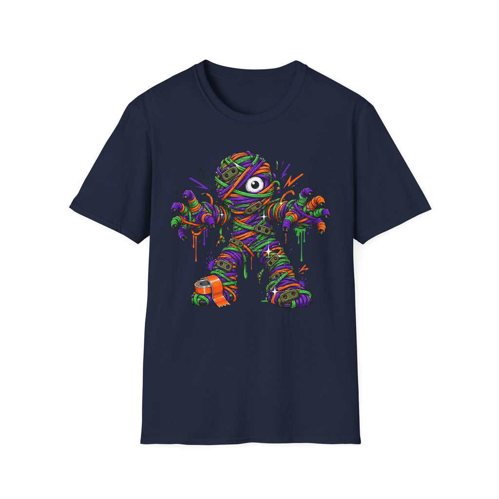 Navy mummy illustration T-shirt with colorful wrapped monster graphic