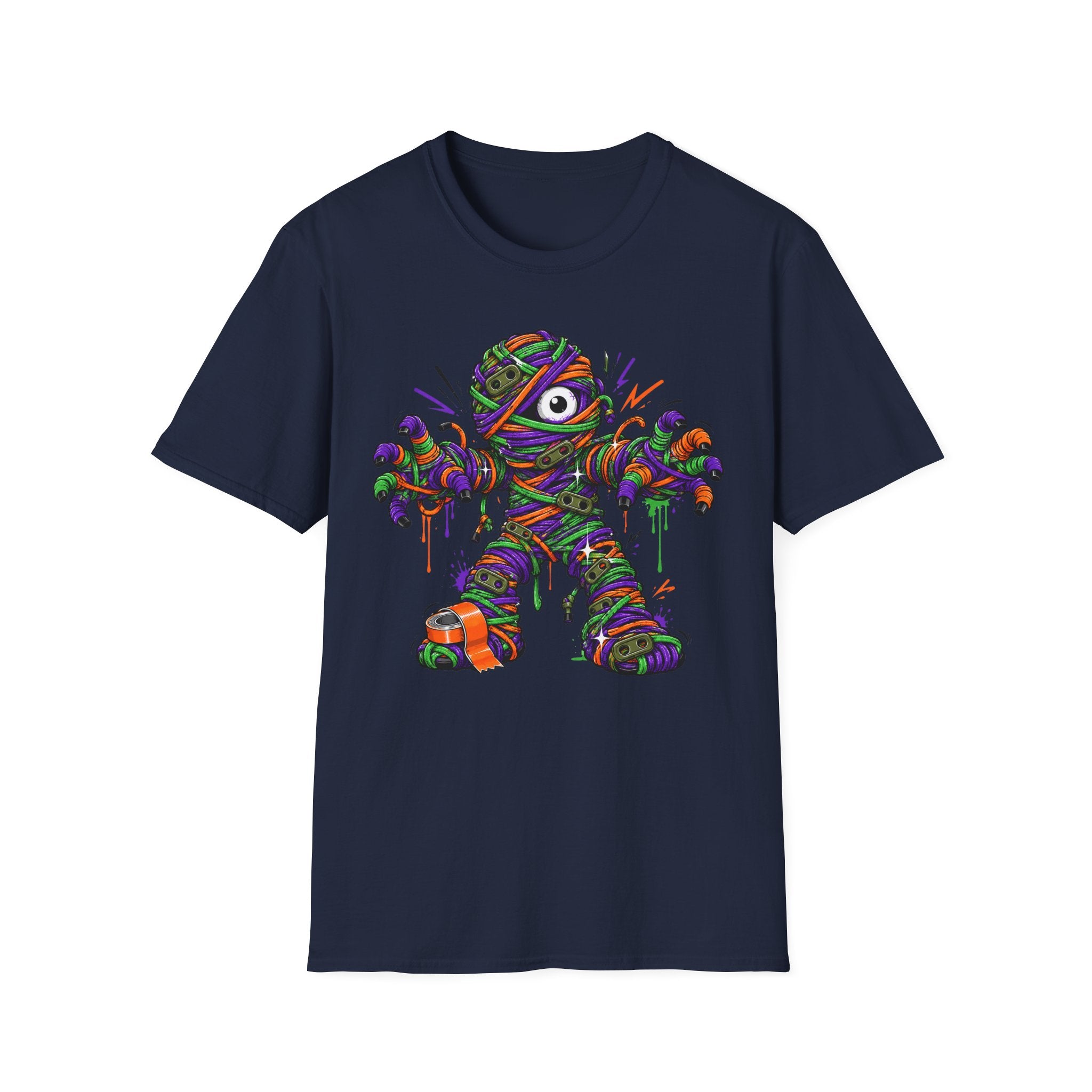 Navy mummy illustration T-shirt with colorful wrapped monster graphic
