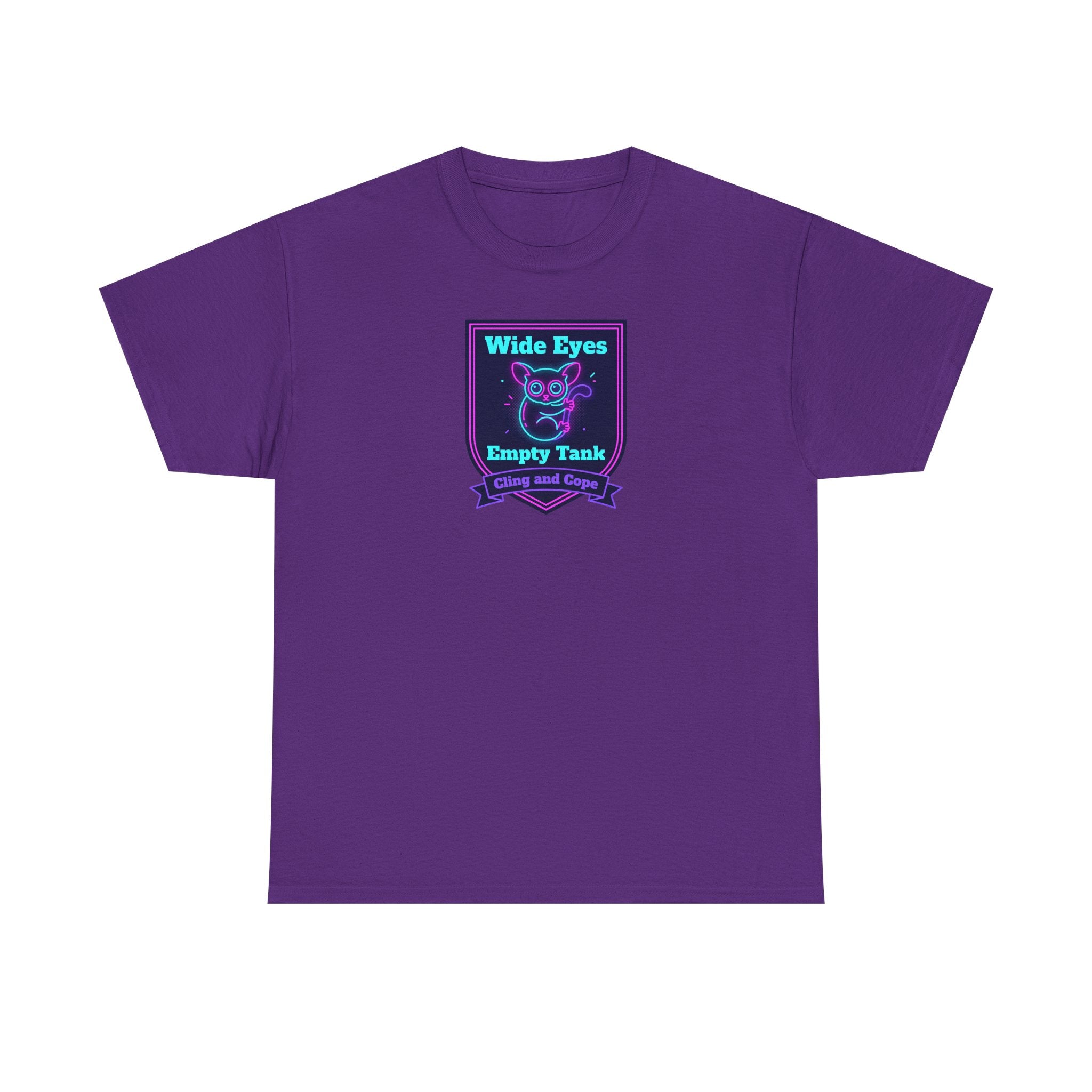 Purple crewneck T-shirt with neon purple and teal owl badge logo on chest