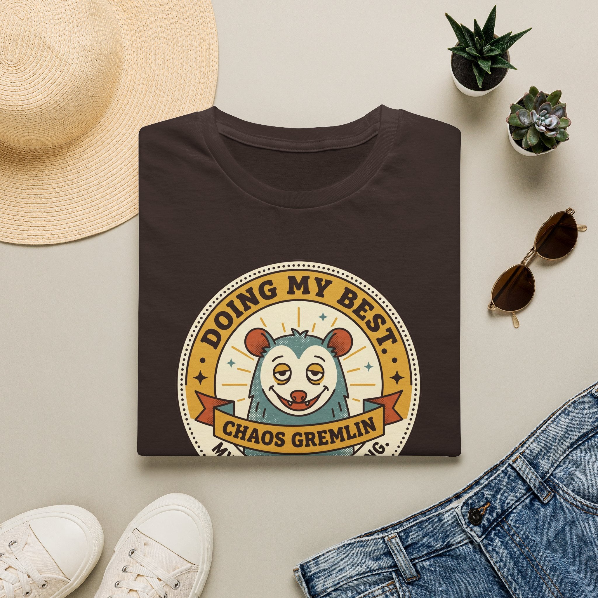 Dark brown t-shirt with “Doing My Best Chaos Gremlin” cartoon chest graphic