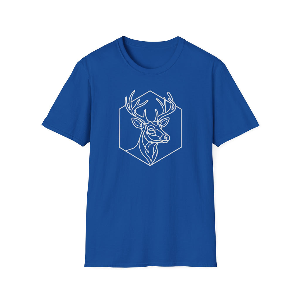 Royal blue deer head line art graphic T-shirt with antlers inside hexagon
