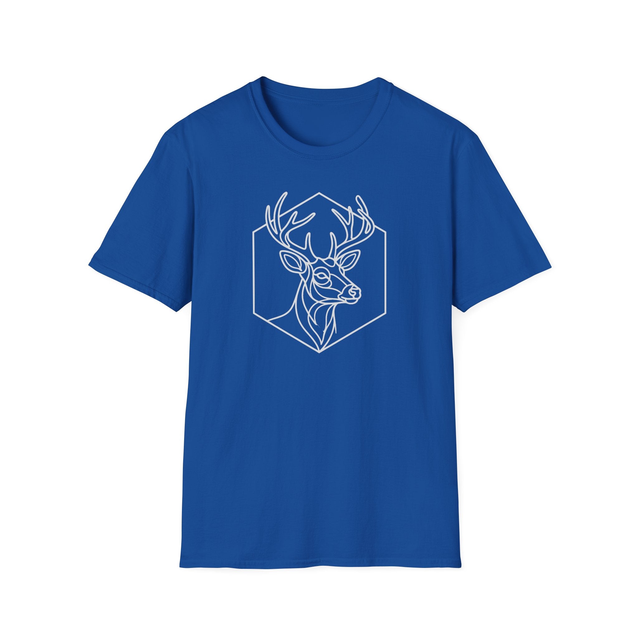 Royal blue deer head line art graphic T-shirt with antlers inside hexagon