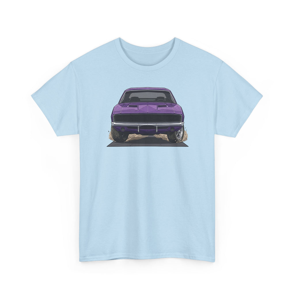 Light blue short-sleeve T-shirt with purple retro car graphic centered on front