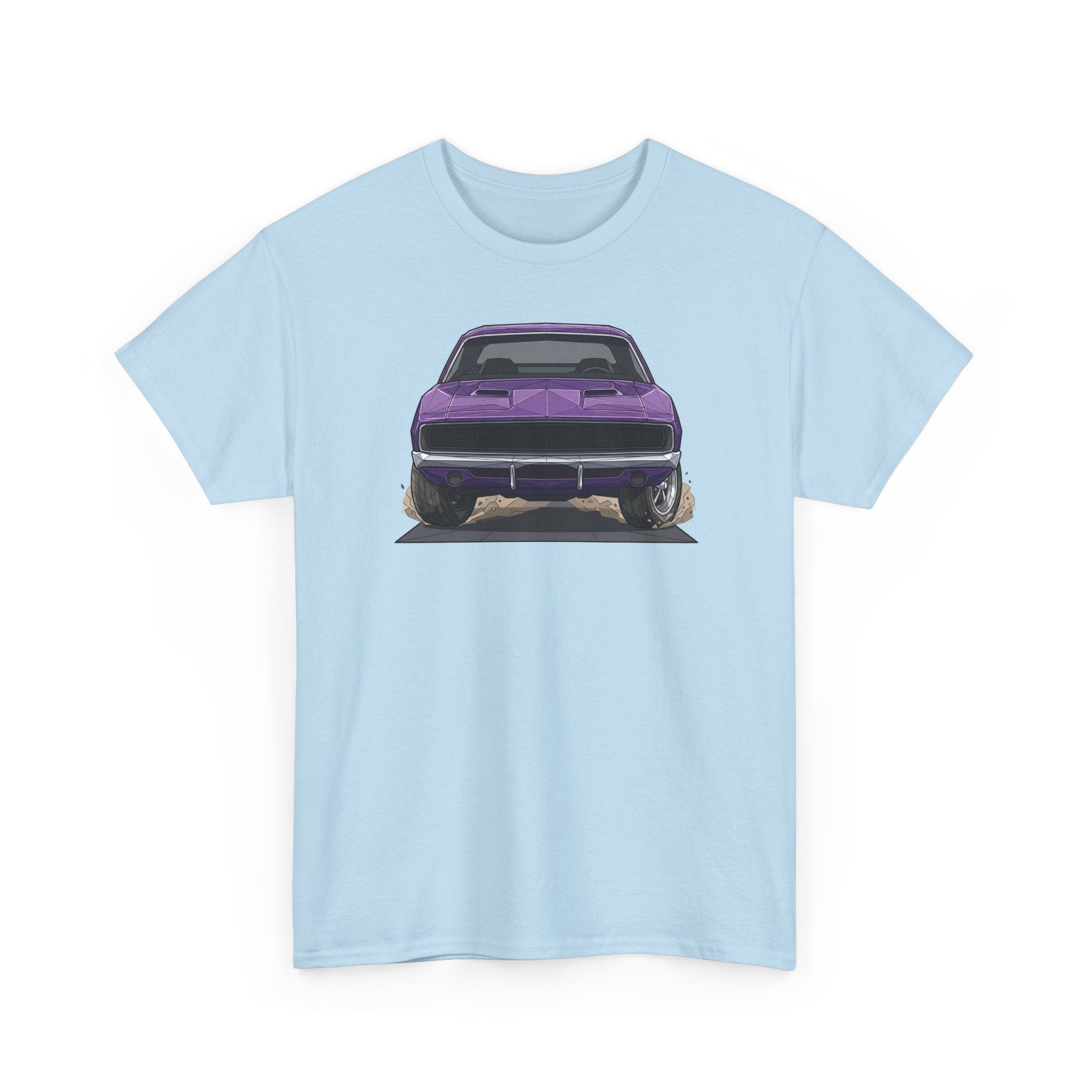 Light blue short-sleeve T-shirt with purple retro car graphic centered on front