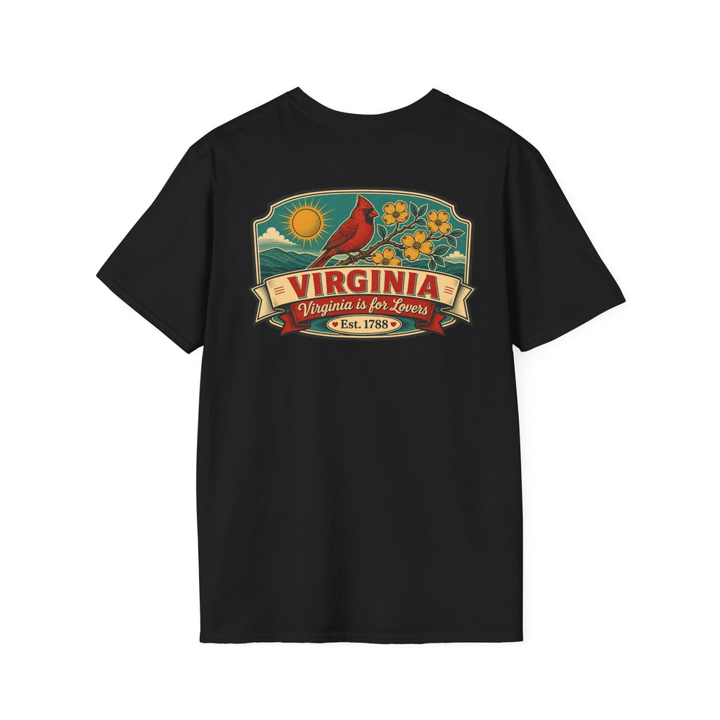 Black T-shirt with Virginia travel graphic and cardinal bird print