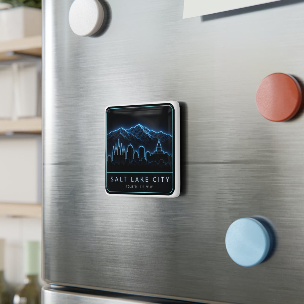 Square porcelain magnet on stainless steel fridge, neon blue Salt Lake City skyline
