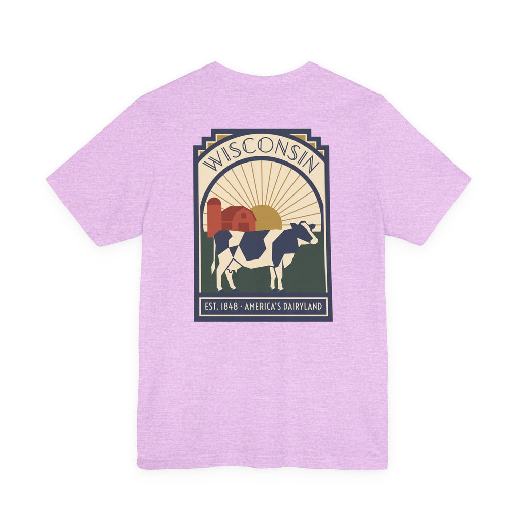 Lavender T-shirt with Wisconsin art deco cow square graphic, short sleeves