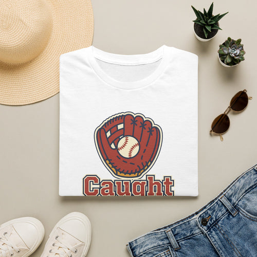 White baseball T-shirt with front glove graphic and 'Caught Looking Web Gems' print