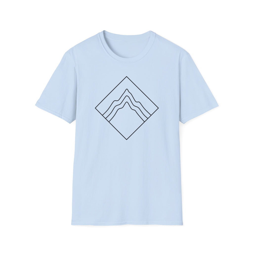 Light blue T-shirt with diamond mountain line-art badge graphic