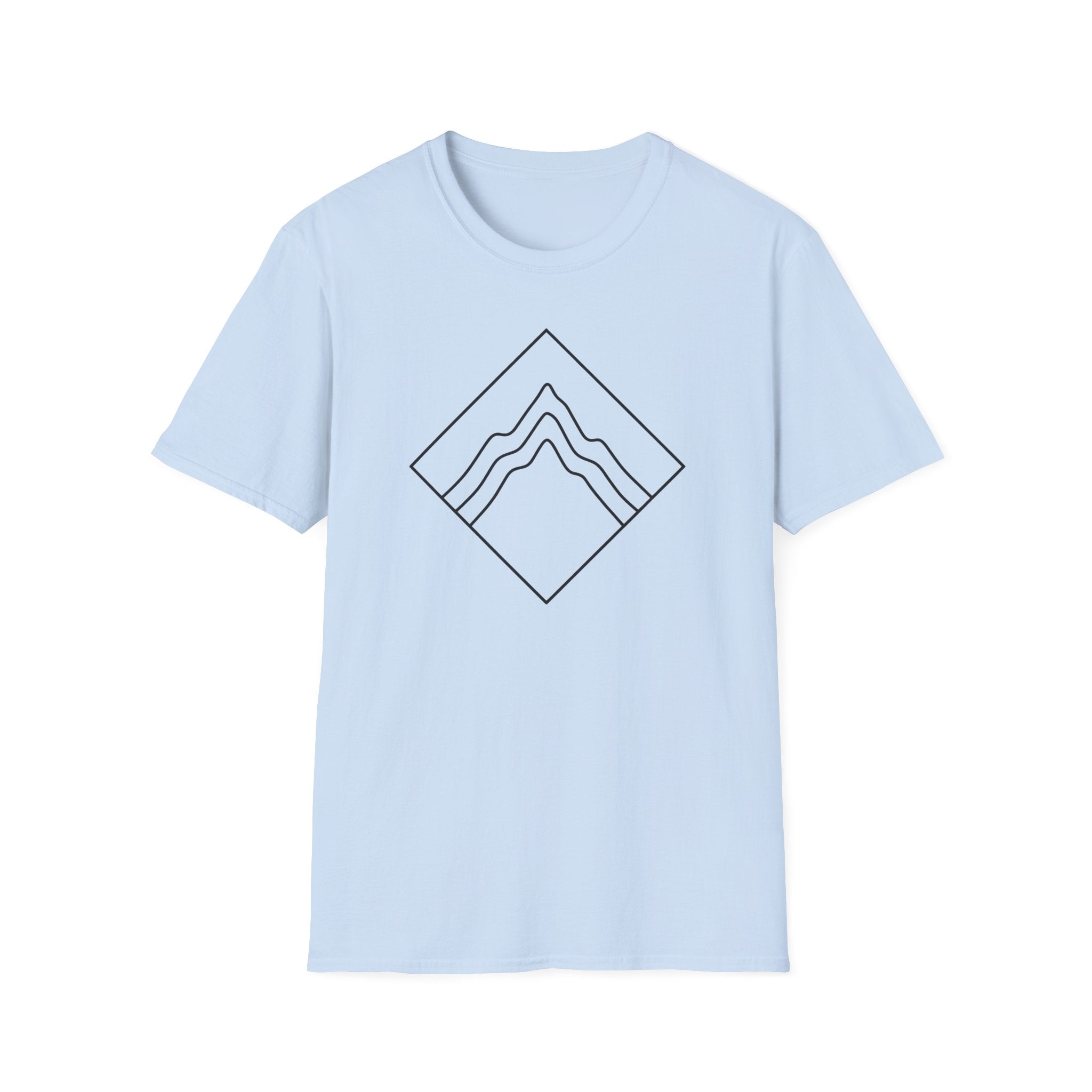 Light blue T-shirt with diamond mountain line-art badge graphic