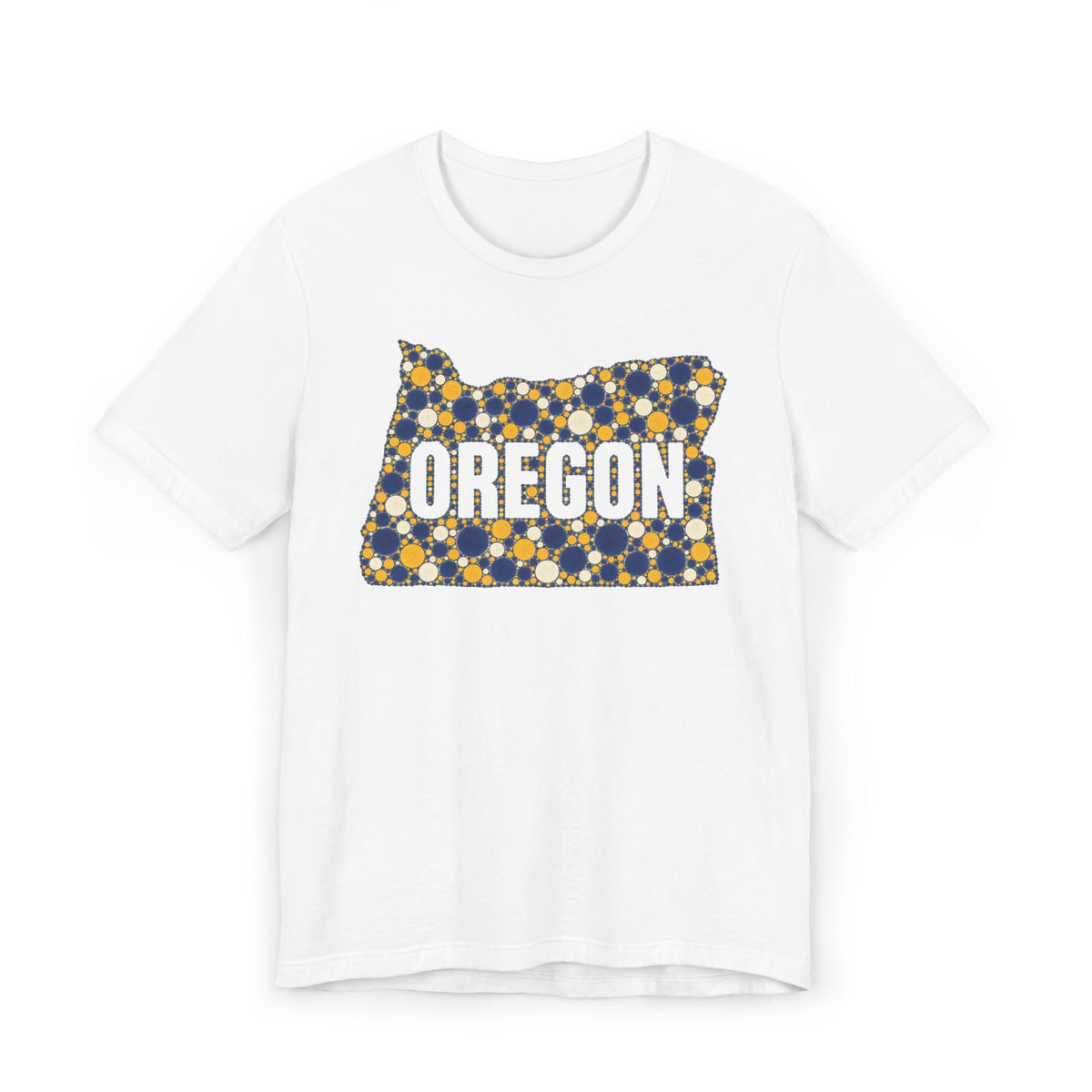 White Oregon map graphic t-shirt with blue and gold polka dot lettering