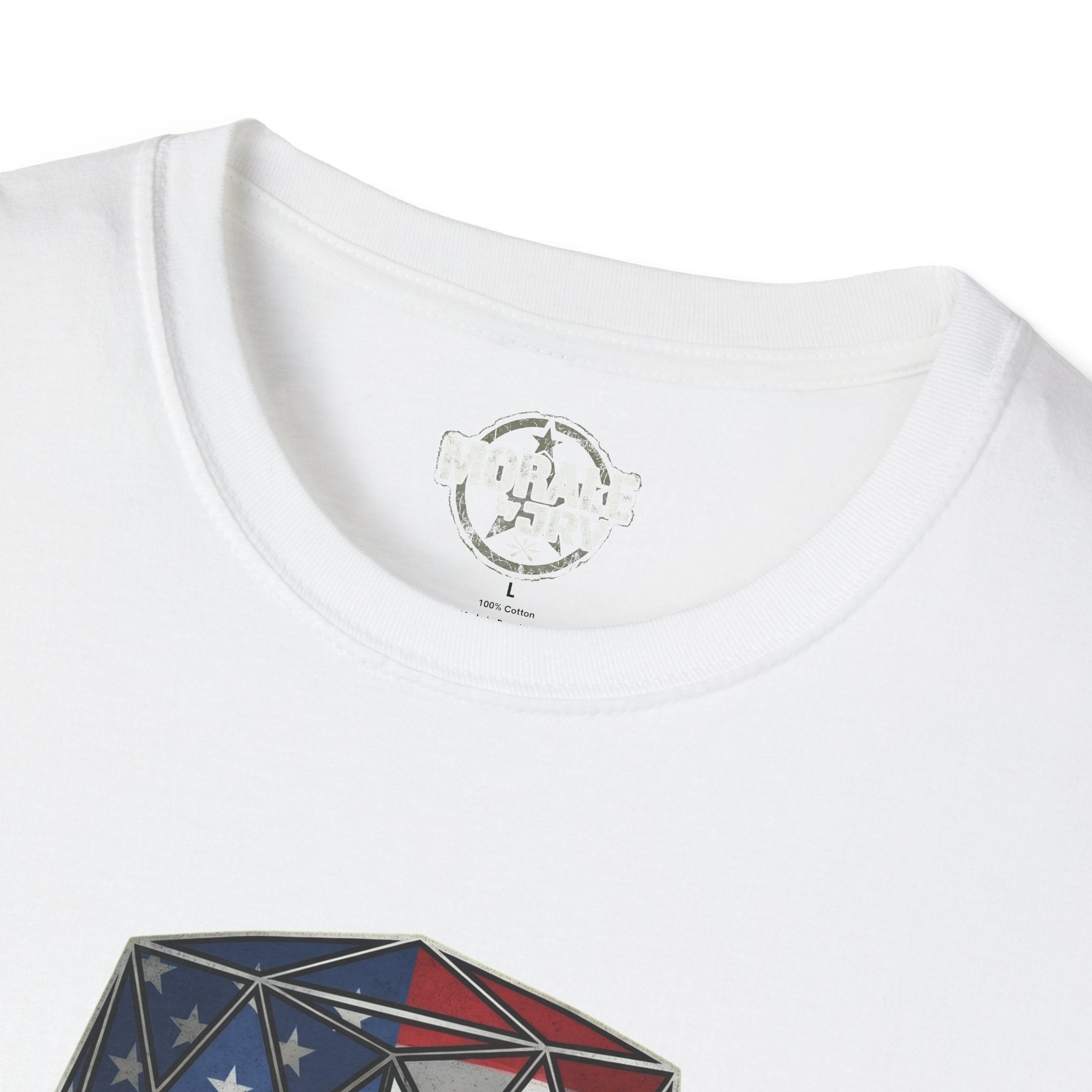 White T-shirt collar area with small chest logo; “100% Cotton” text