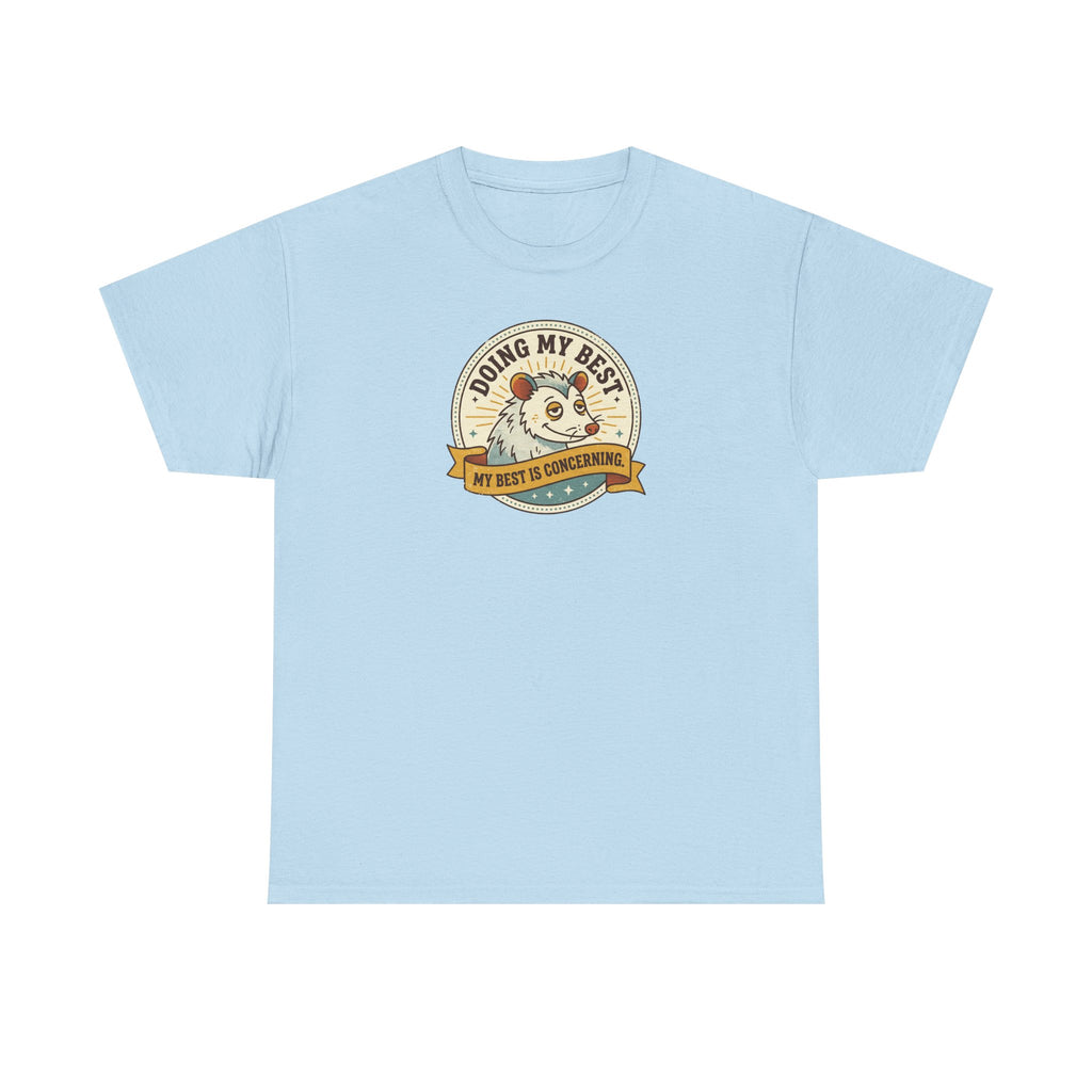Light blue sloth graphic T-shirt with round badge-style front print