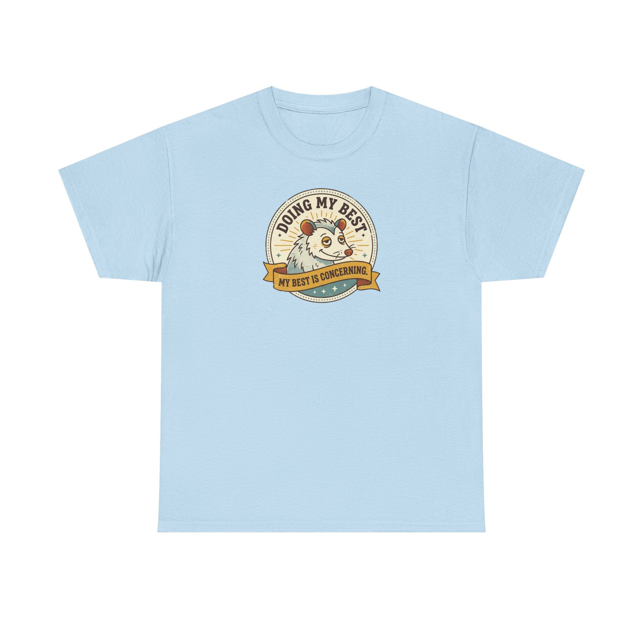 Light blue sloth graphic T-shirt with round badge-style front print