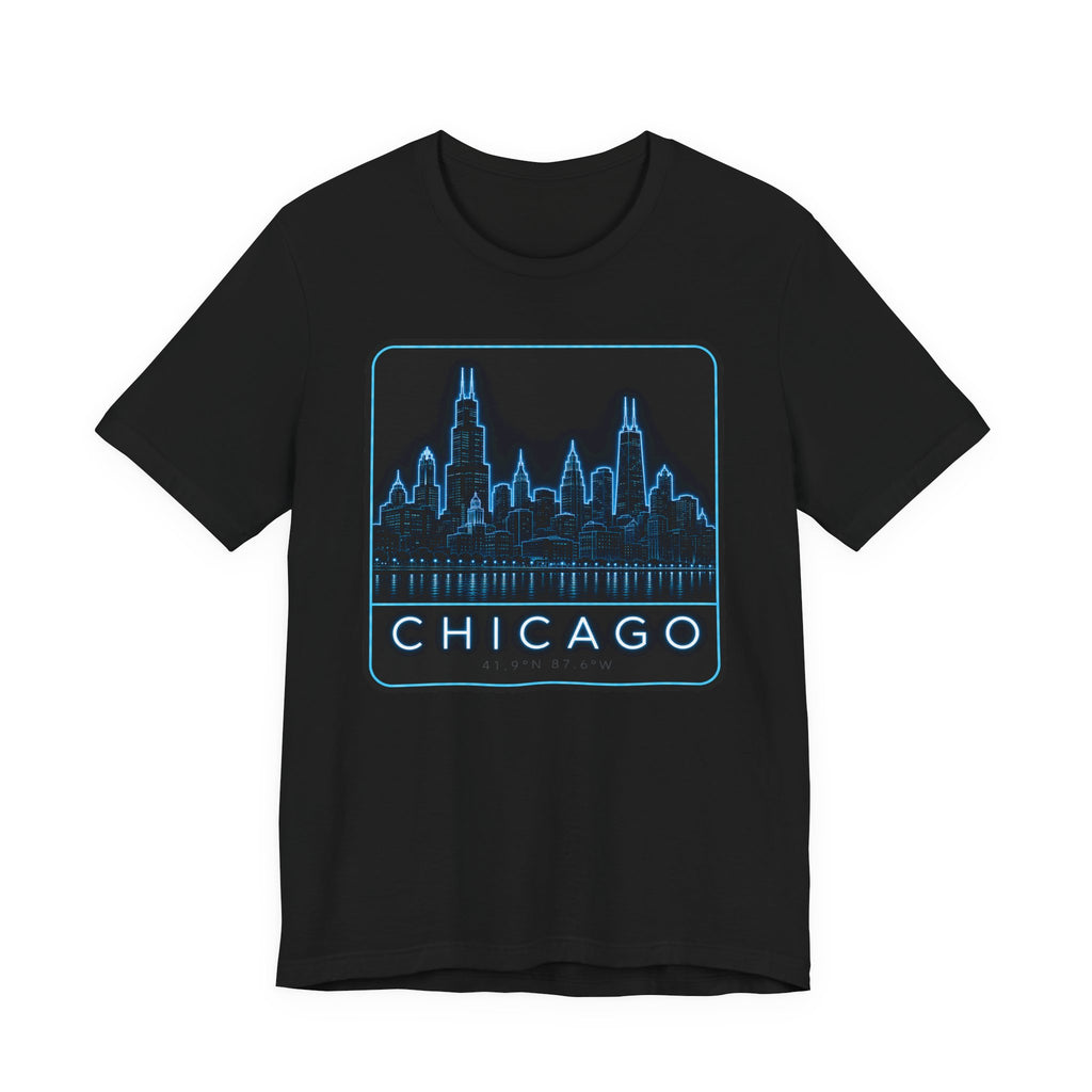 Black T-shirt with neon blue Chicago skyline graphic and CHICAGO text