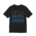 Black T-shirt with neon blue Chicago skyline graphic and CHICAGO text
