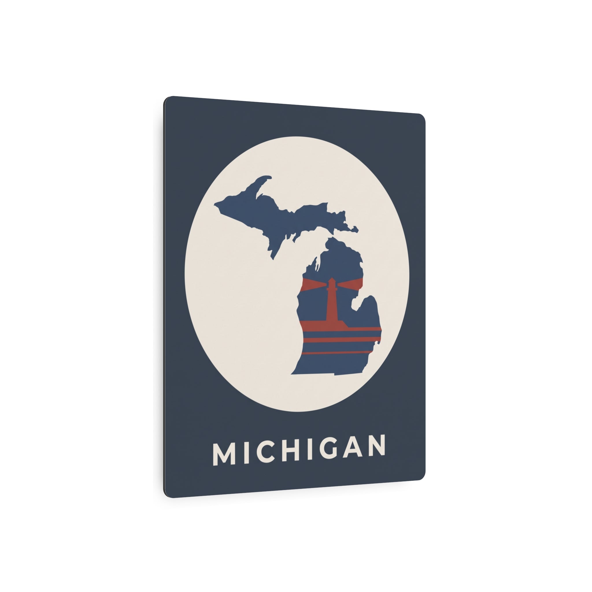Michigan metal wall art sign, dark blue with circular Michigan map emblem and MICHIGAN text