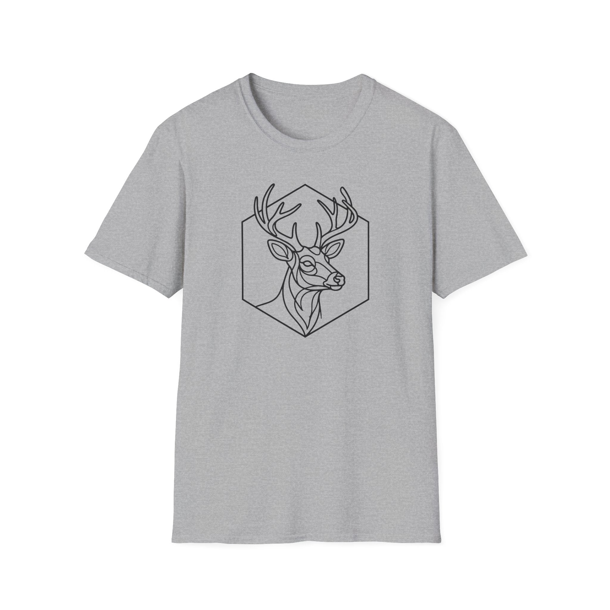 Gray deer head line art graphic T-shirt with antlers inside hexagon
