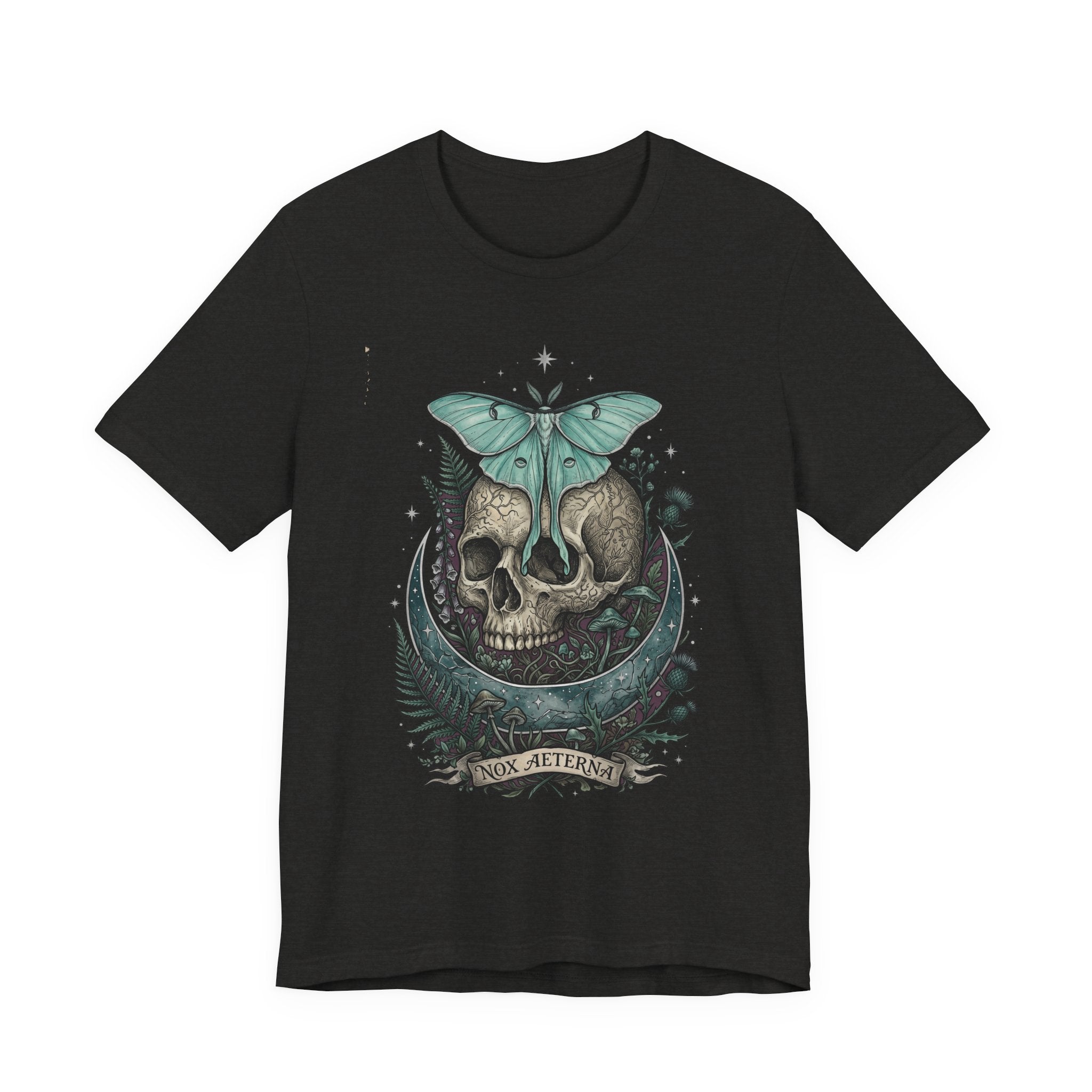 Black unisex T-shirt with teal moth-and-skull graphic on chest
