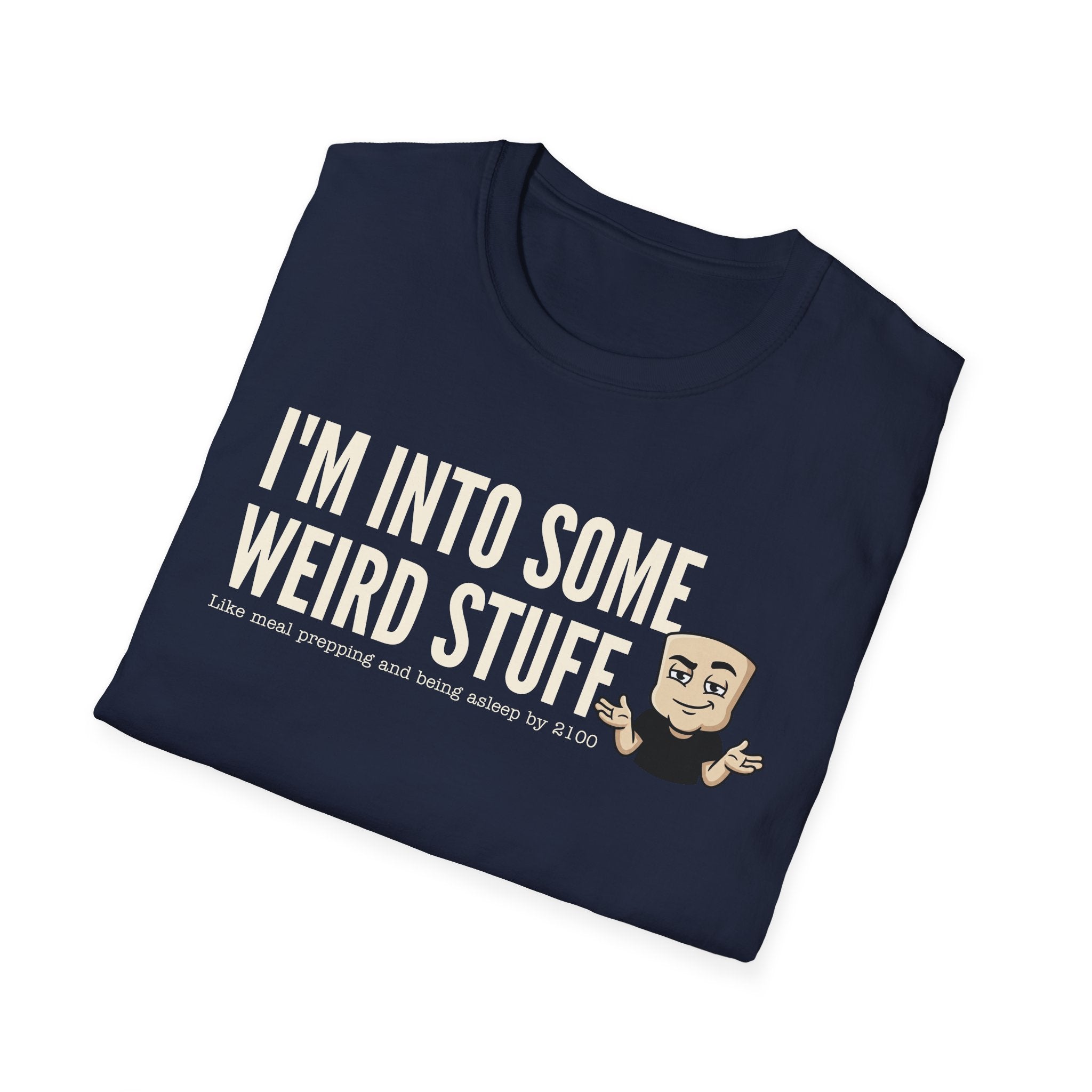 Navy T-shirt with 'I'm into some weird stuff' front graphic and cartoon character