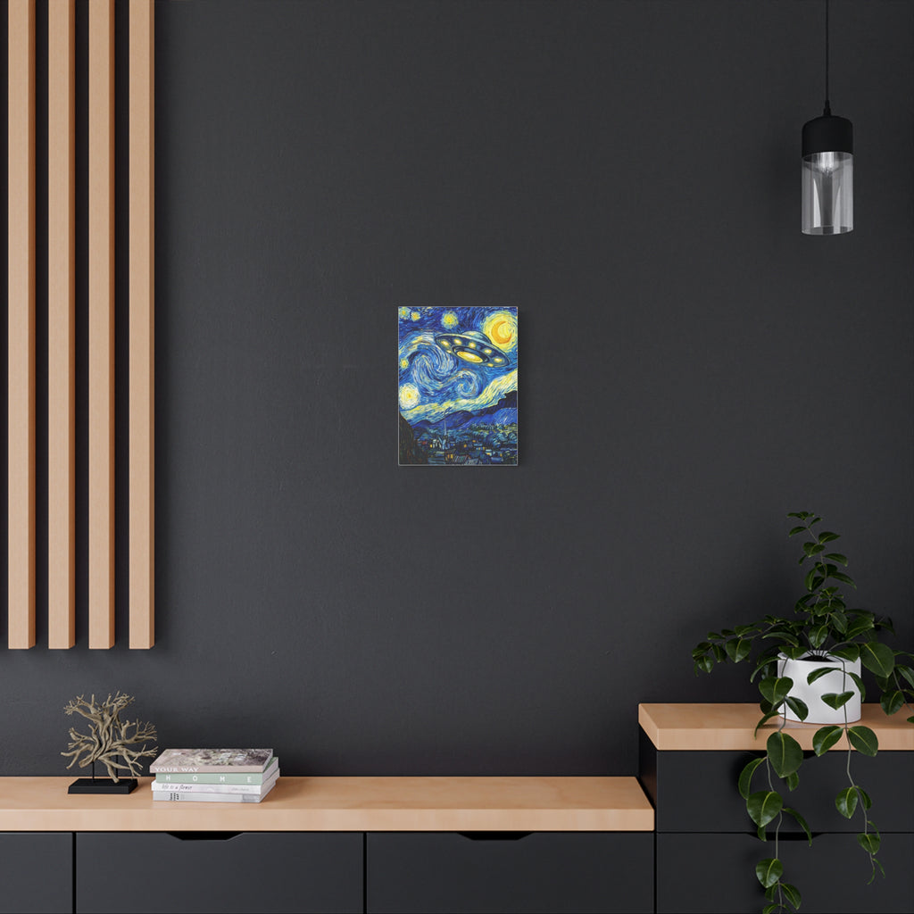 Starry blue-and-yellow UFO-themed matte stretched wall canvas, mounted on dark wall