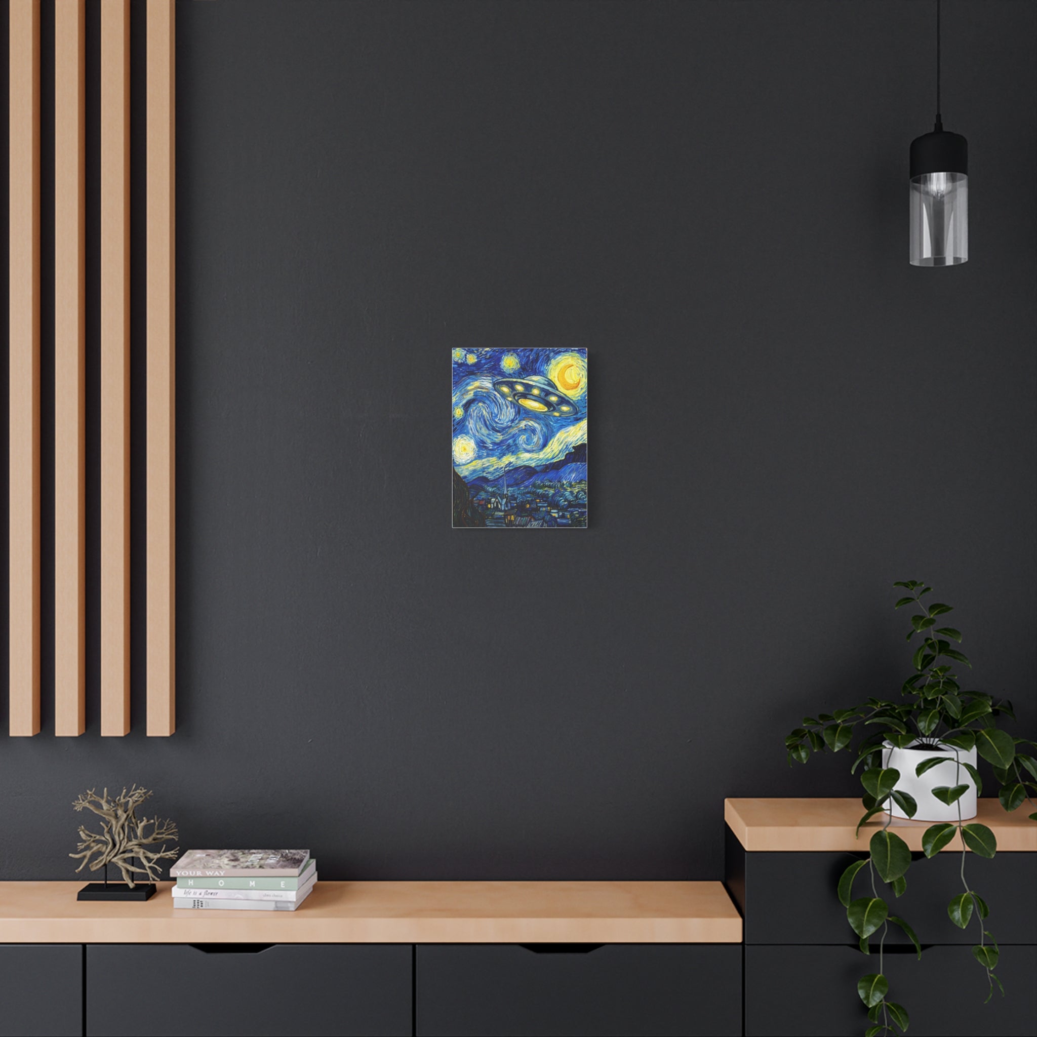 Starry blue-and-yellow UFO-themed matte stretched wall canvas, mounted on dark wall