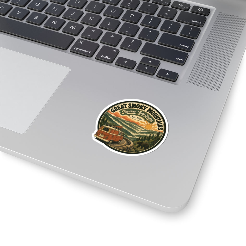 Round kiss-cut sticker with vintage camper van and Great Smoky Mountains National Park text