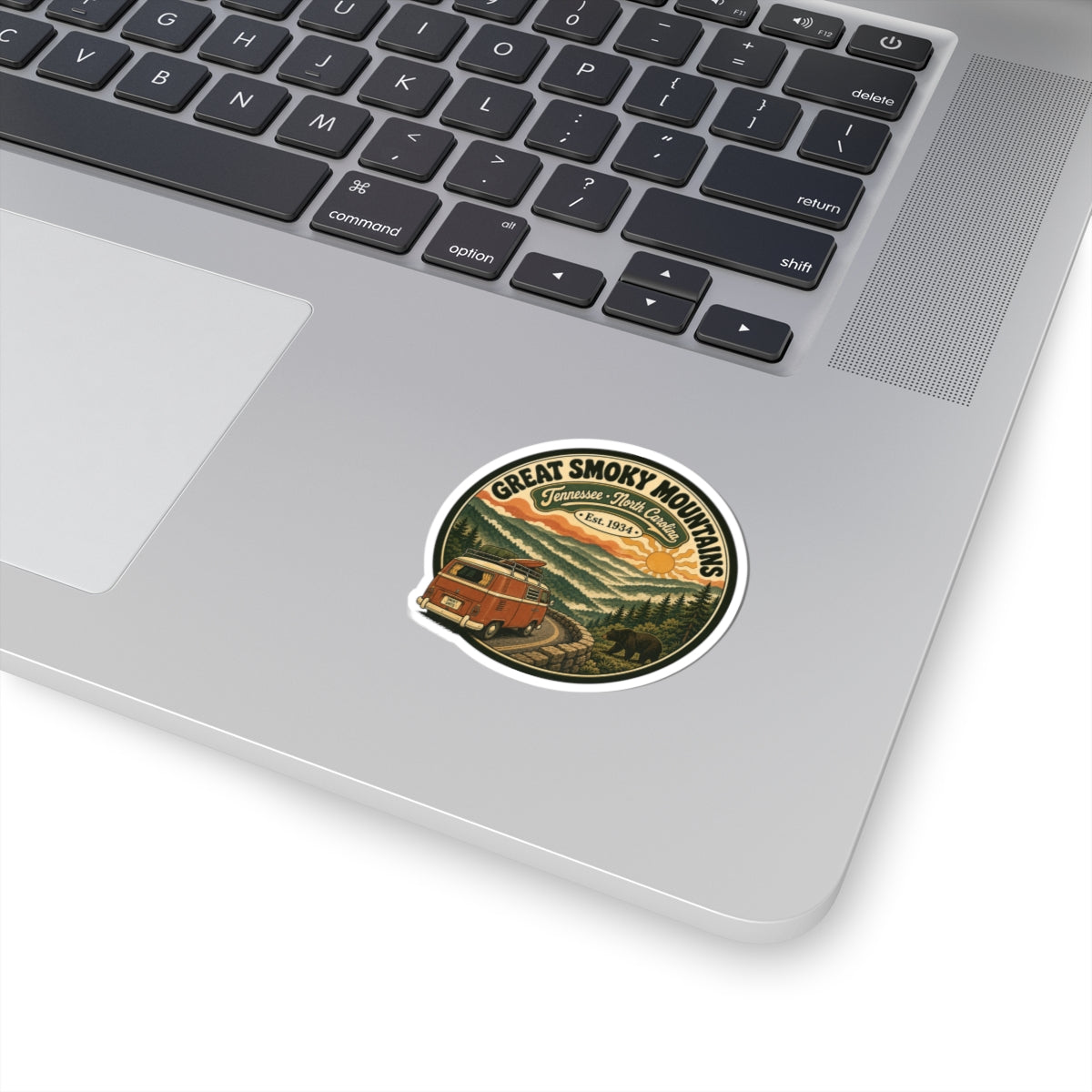Round kiss-cut sticker with vintage camper van and Great Smoky Mountains National Park text