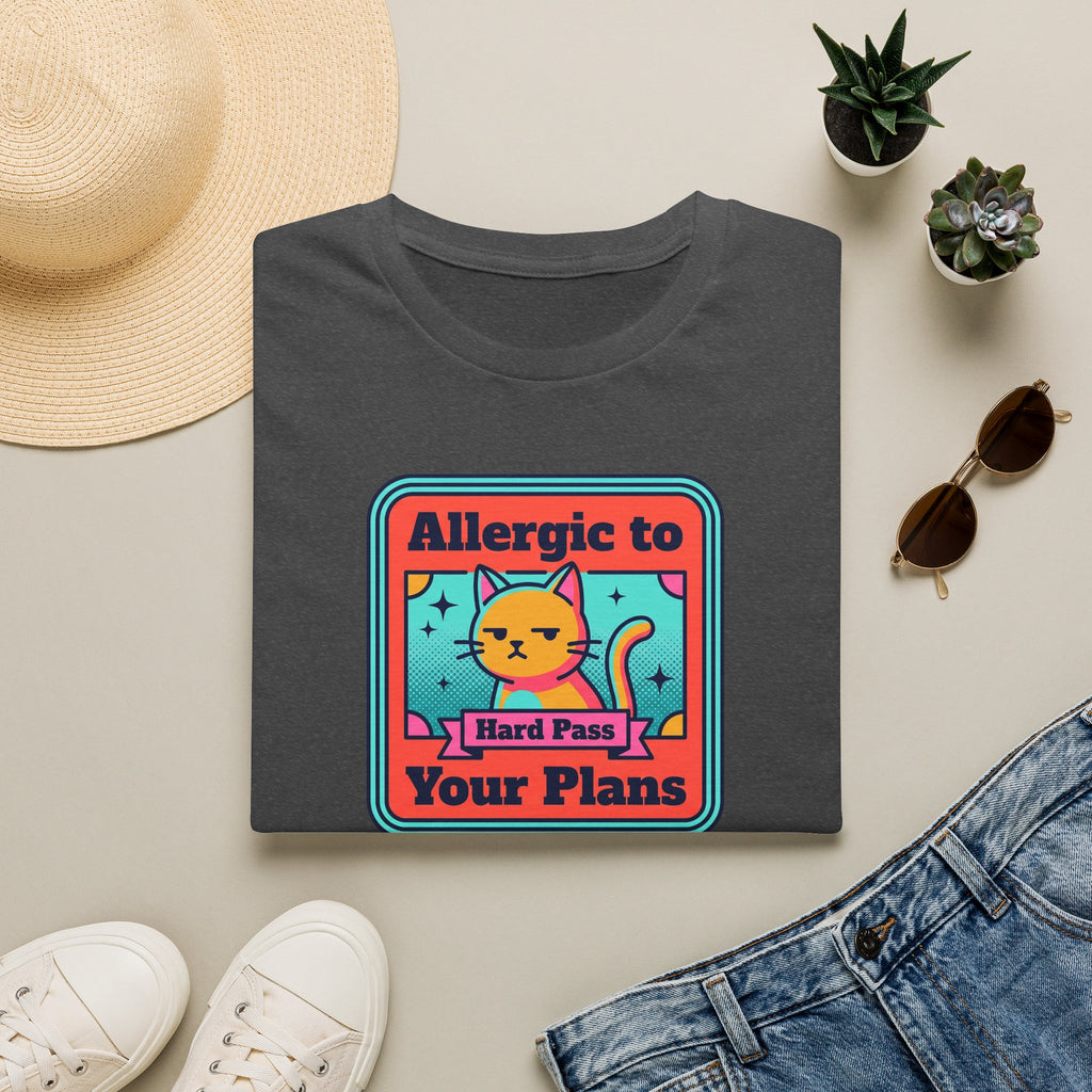 Dark gray cat graphic T-shirt with 'Allergic to Your Plans' text