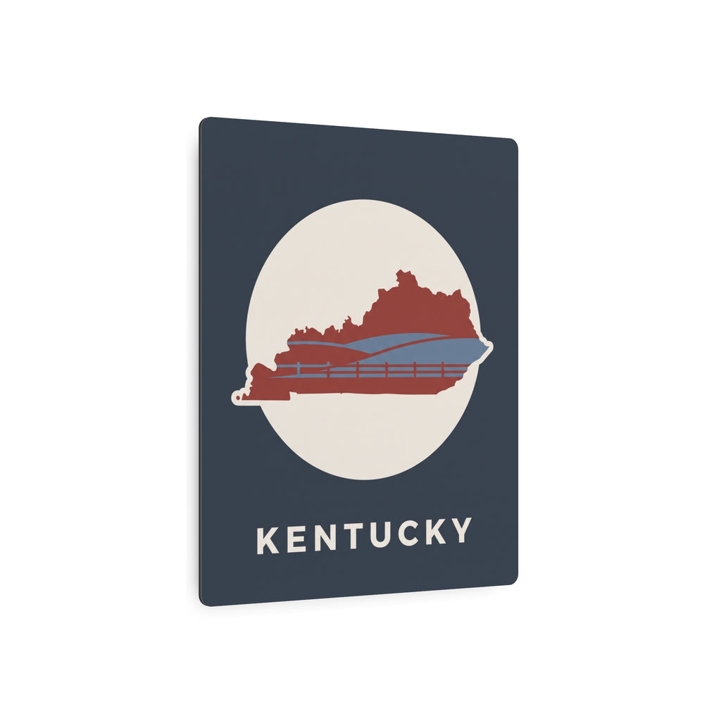 Kentucky metal sign front, circular state silhouette with red bridge lines and “KENTUCKY” text