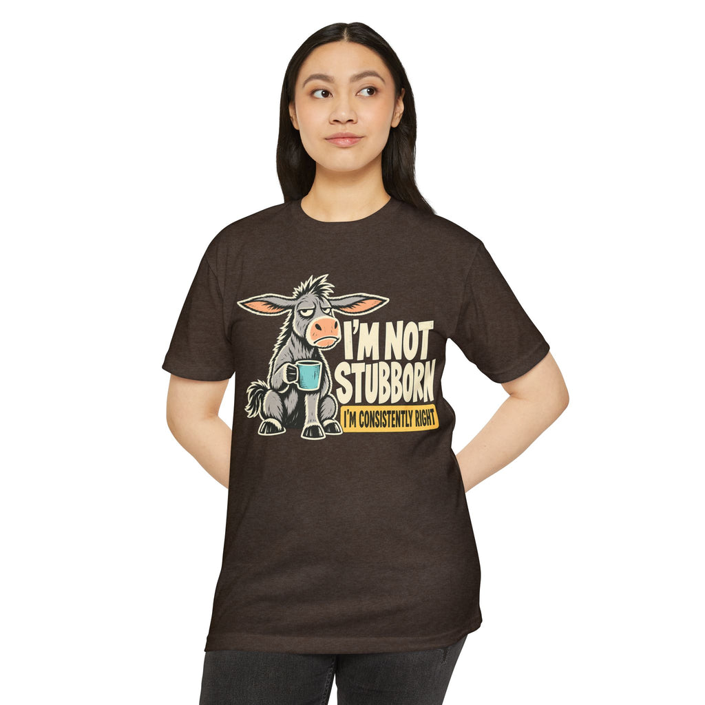 Dark brown T-shirt with donkey coffee graphic and slogan on front