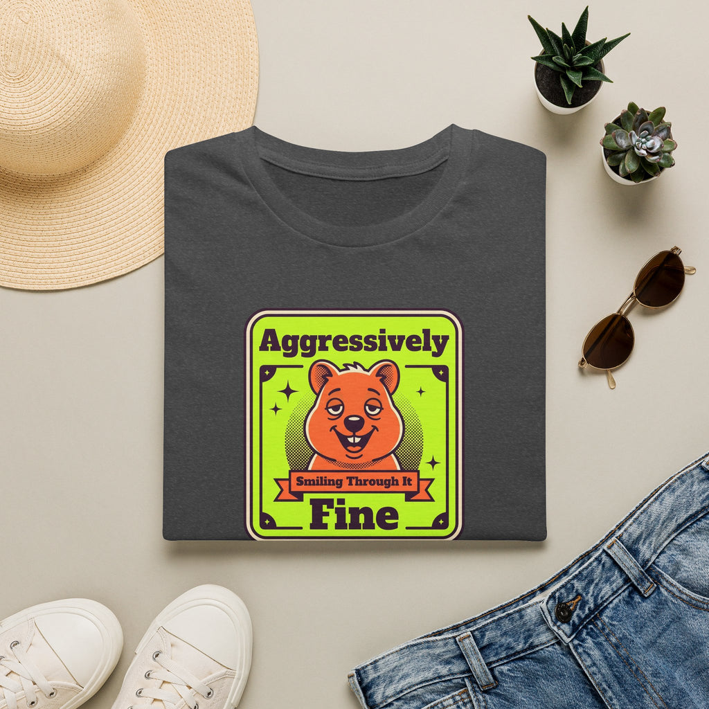Dark gray T-shirt with neon-style cartoon bear graphic and green-yellow text on front