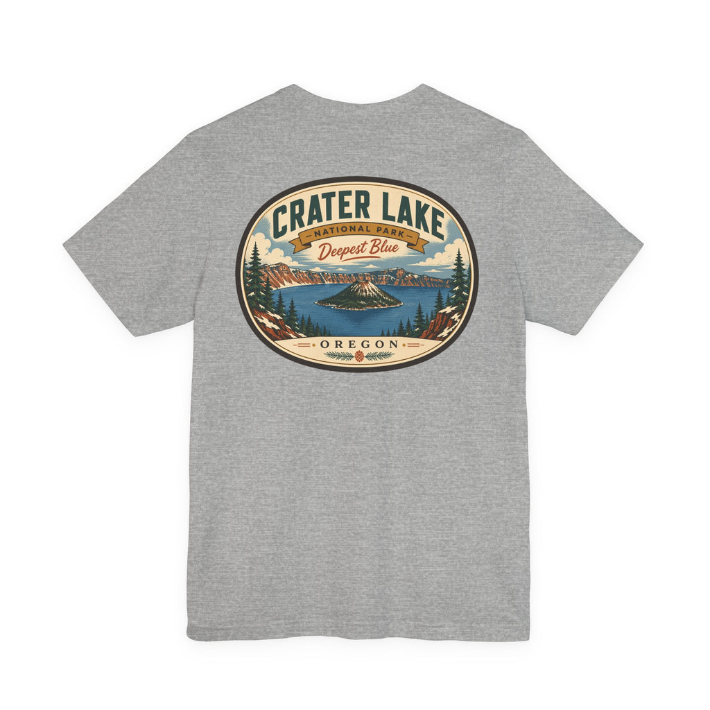 Crater Lake souvenir t-shirt, dark grey heather, large circular lake logo graphic on chest