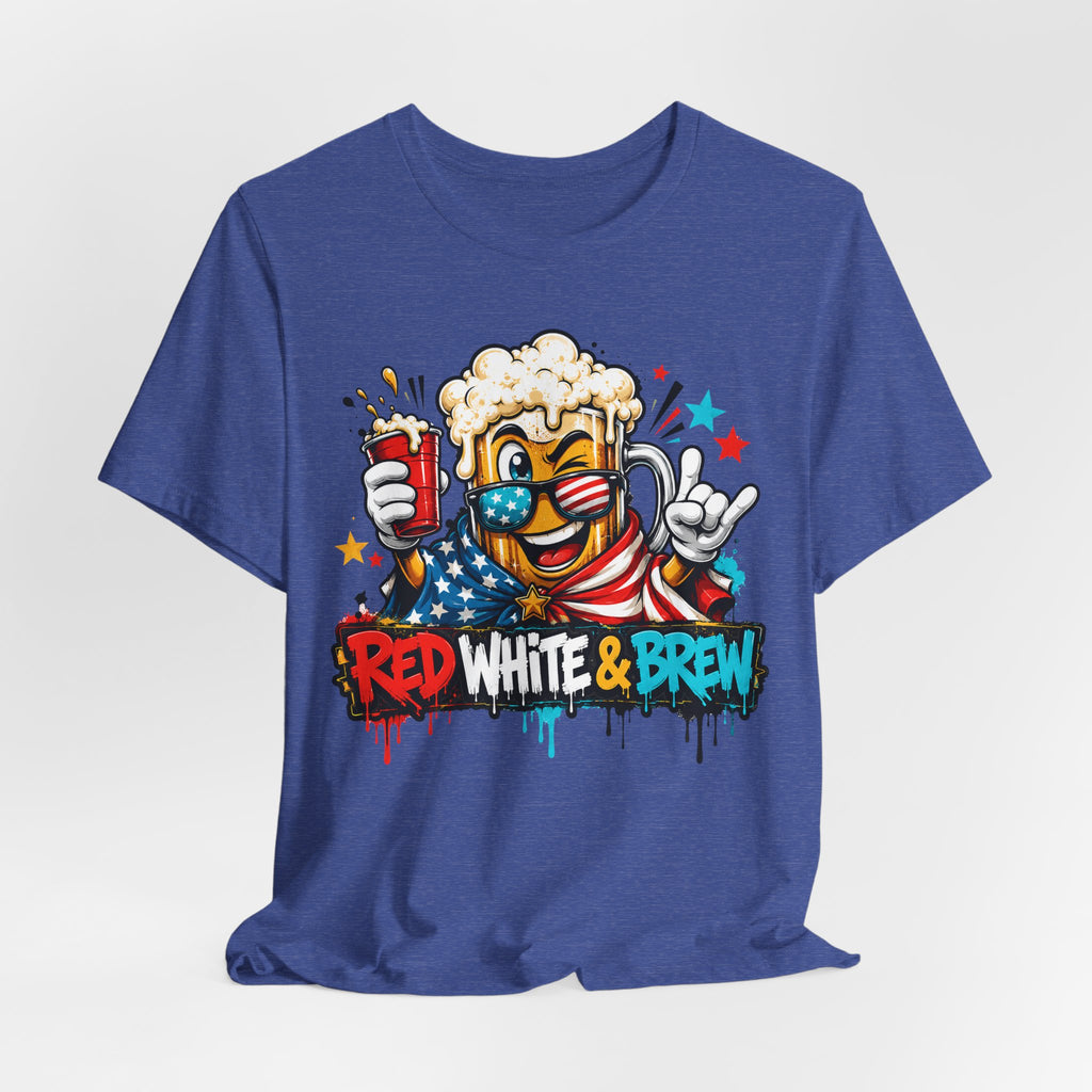 Blue crewneck T-shirt with beer mascot and patriotic graphic