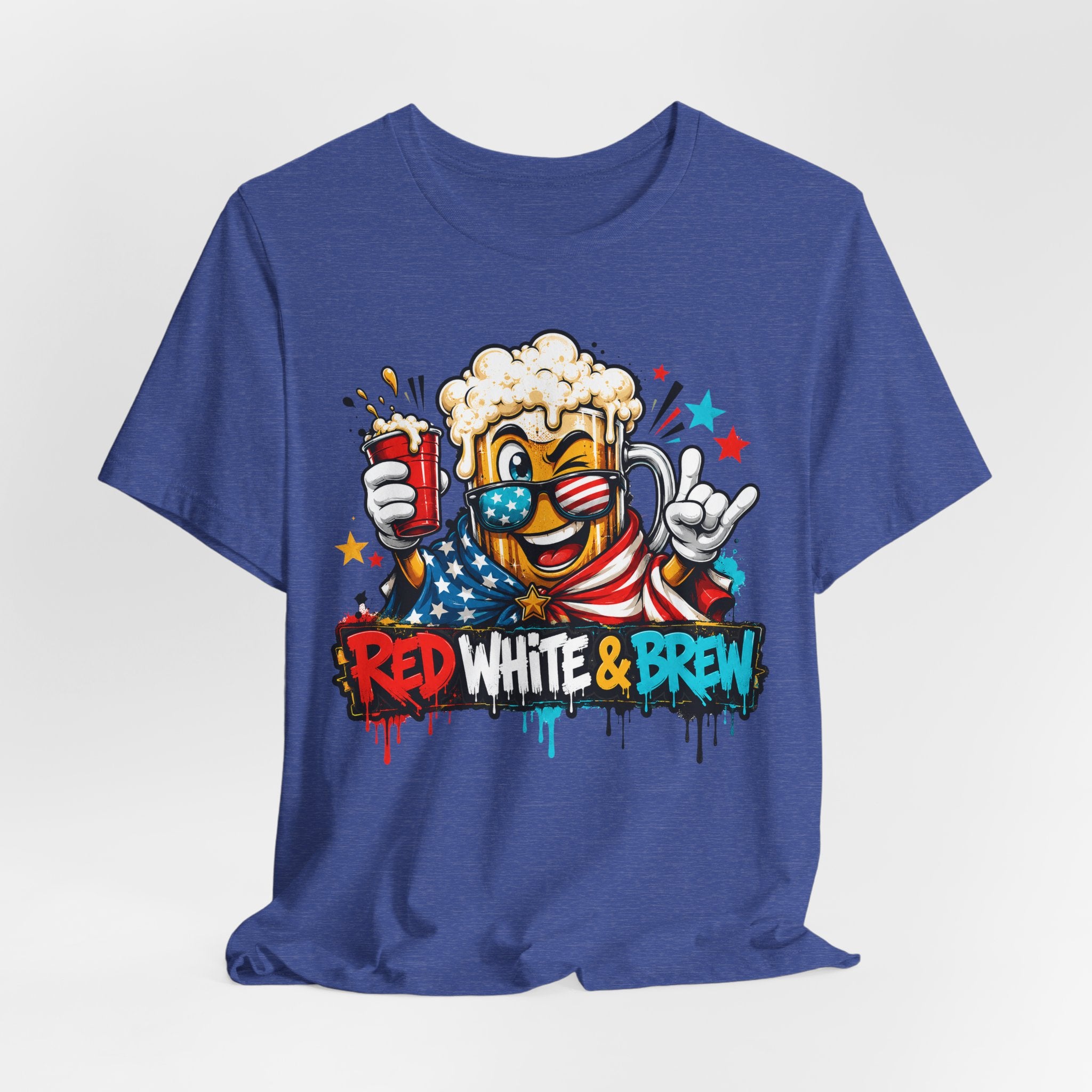 Blue crewneck T-shirt with beer mascot and patriotic graphic