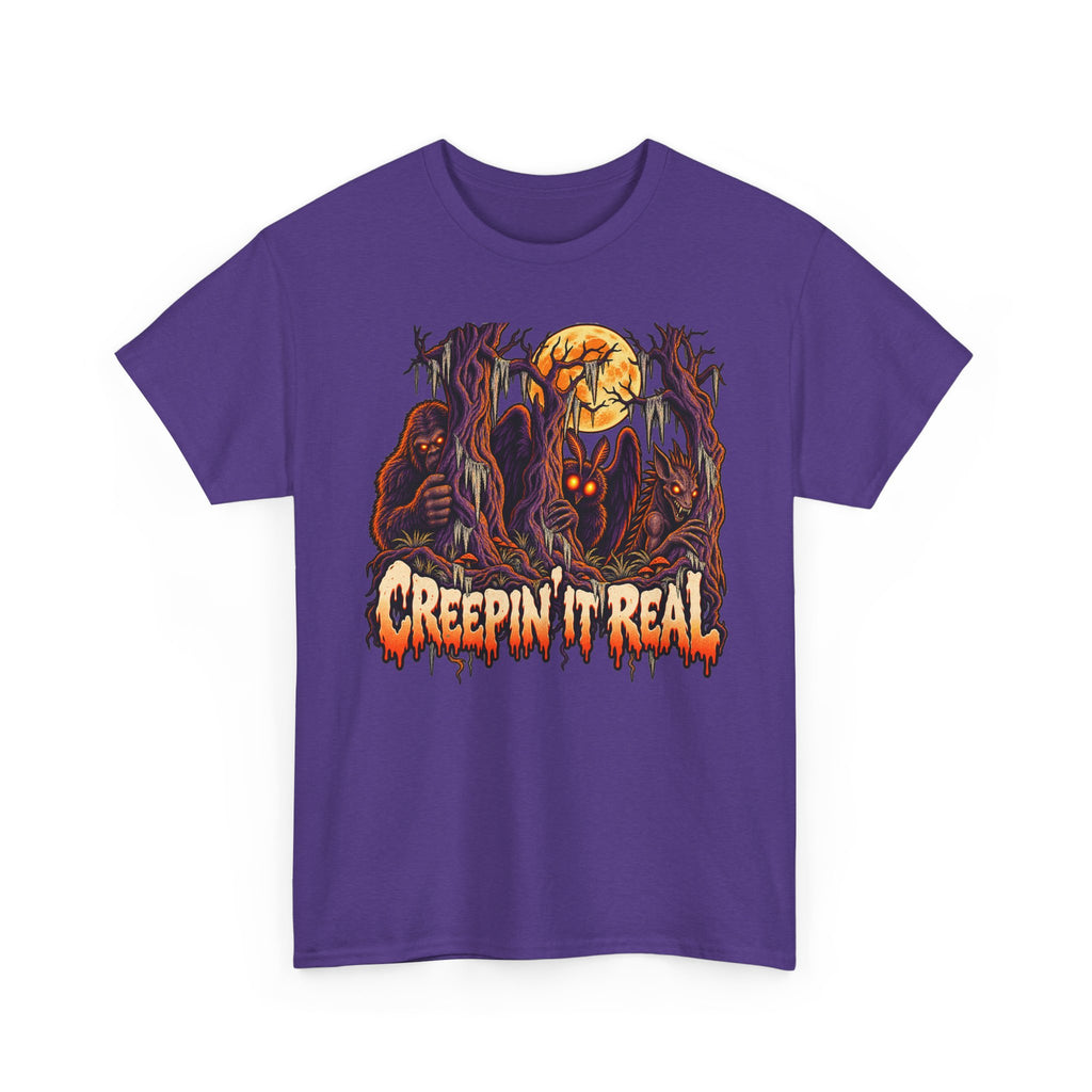 Purple Halloween monster T-shirt with skull face and “Creepin’ It Real” lettering