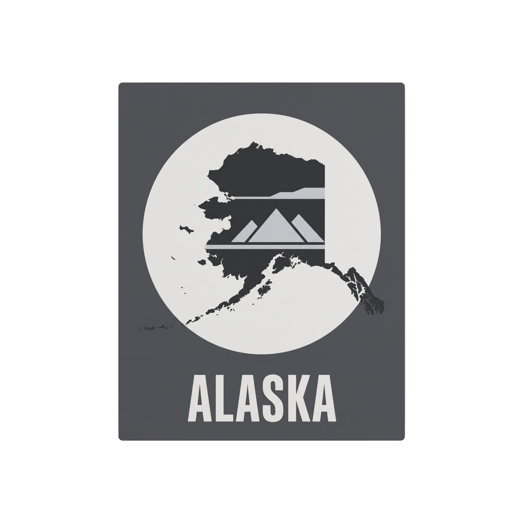 Alaska metal wall art sign showing map silhouette, mountains, and ALASKA text on dark gray