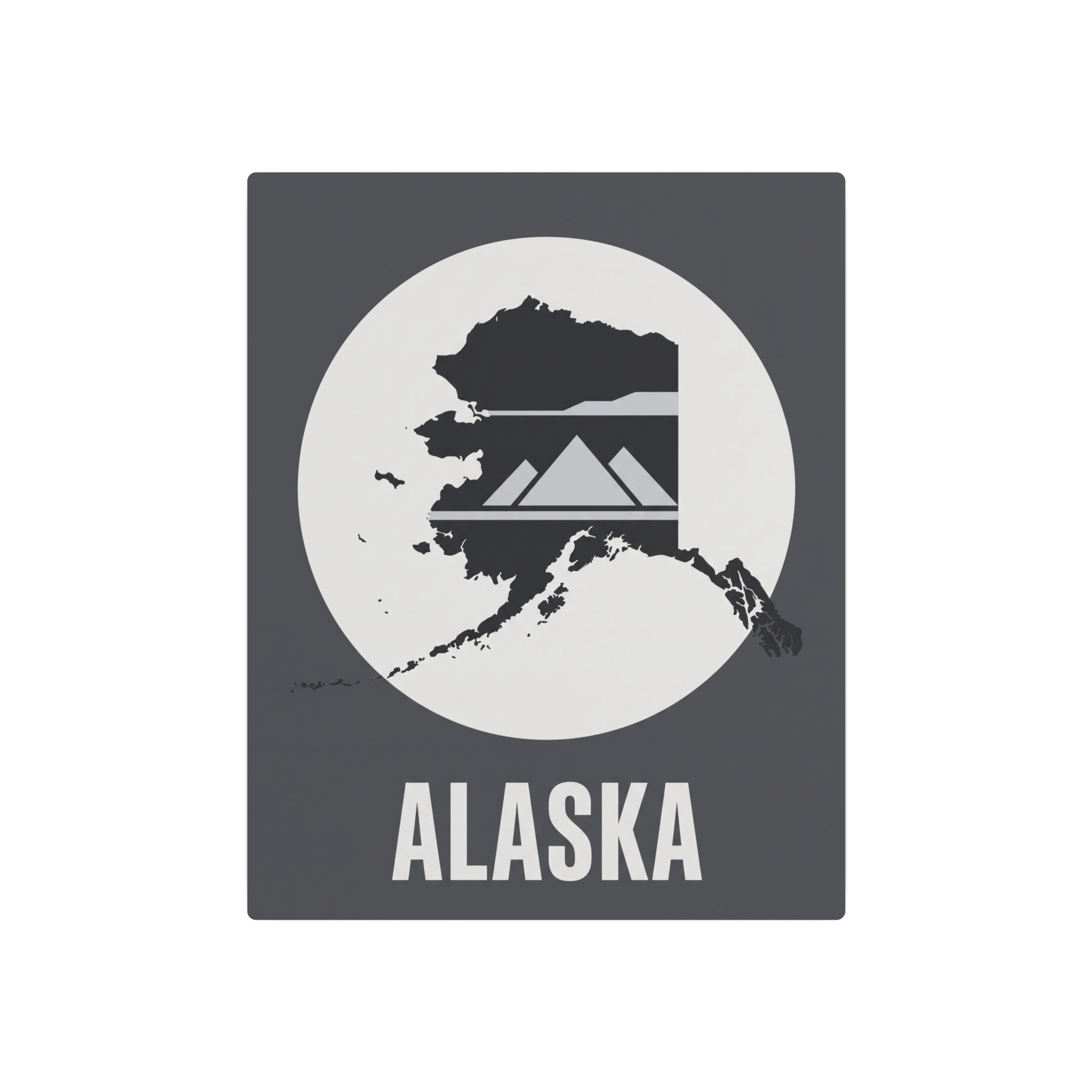 Alaska metal wall art sign showing map silhouette, mountains, and ALASKA text on dark gray