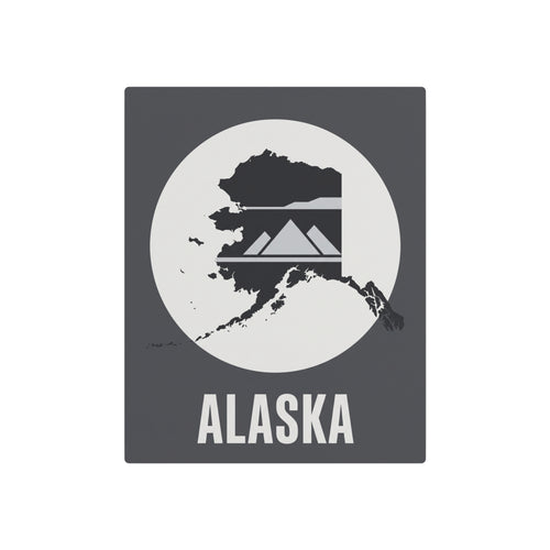 Alaska metal wall art sign showing map silhouette, mountains, and ALASKA text on dark gray