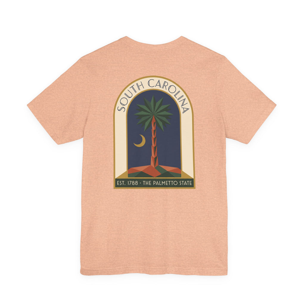 Peach heather T-shirt with large South Carolina palmetto window graphic on back
