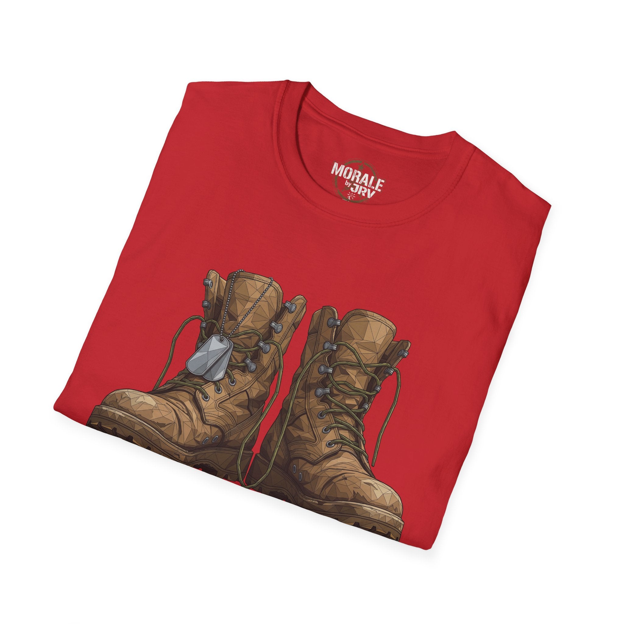 Red T-shirt with vintage combat boots illustration, two boots with laces and straps