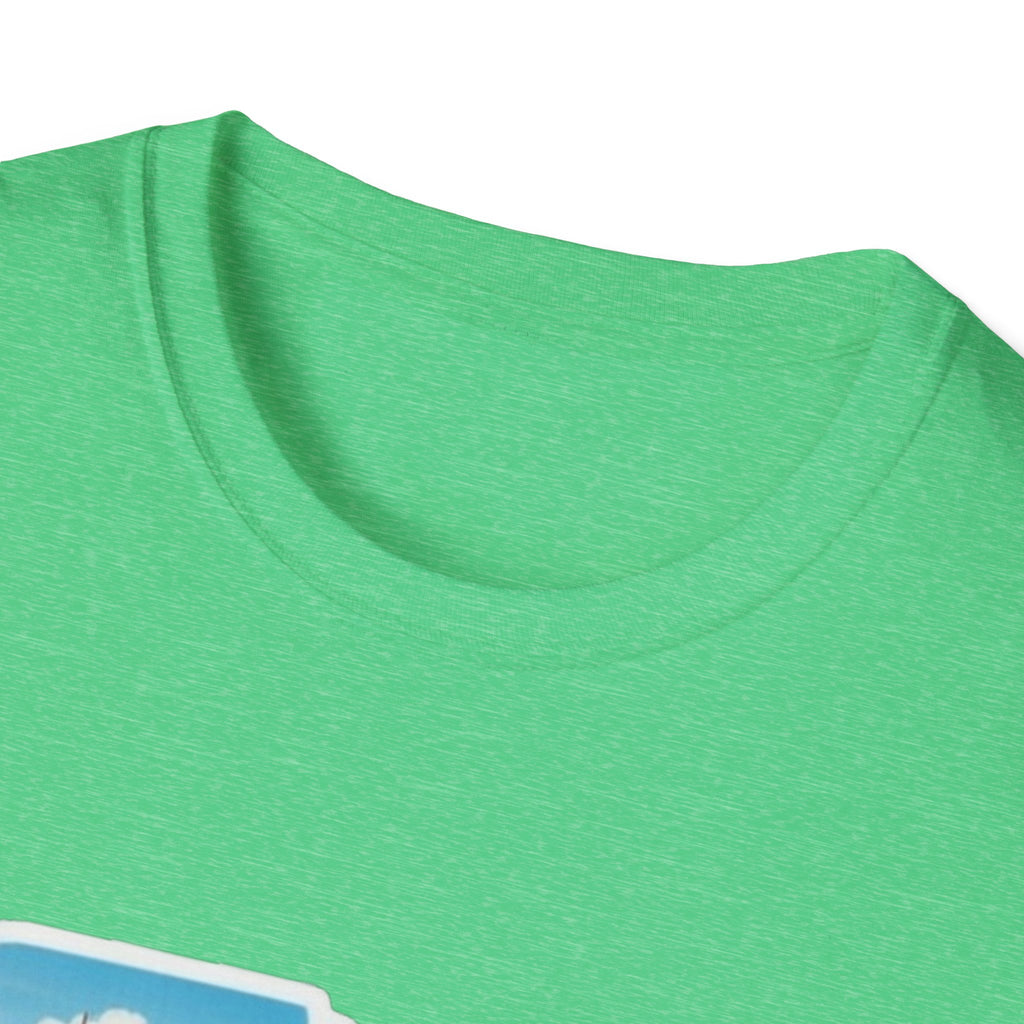 South Carolina skyline T-shirt, Heather Irish Green; crew neck close-up with partial print.