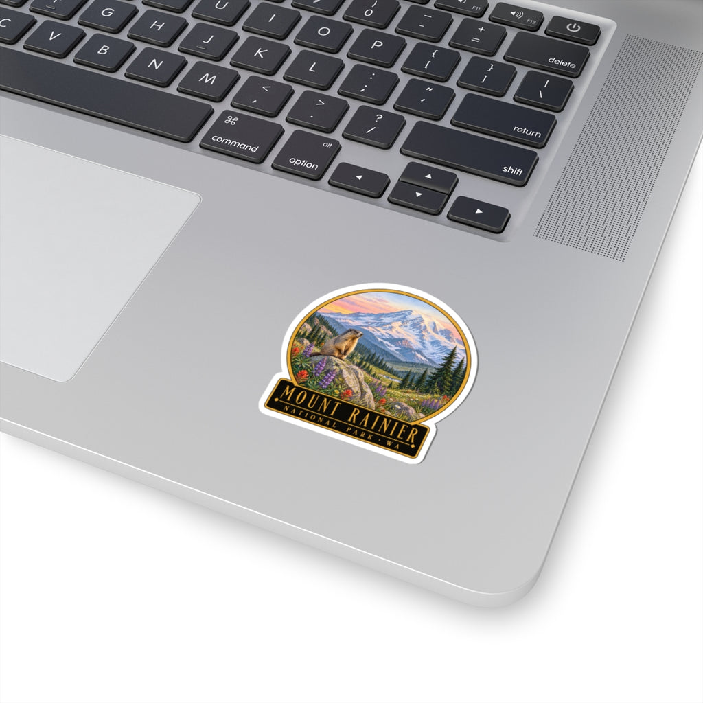 Mount Rainier landscape round sticker with colorful border, kiss-cut finish