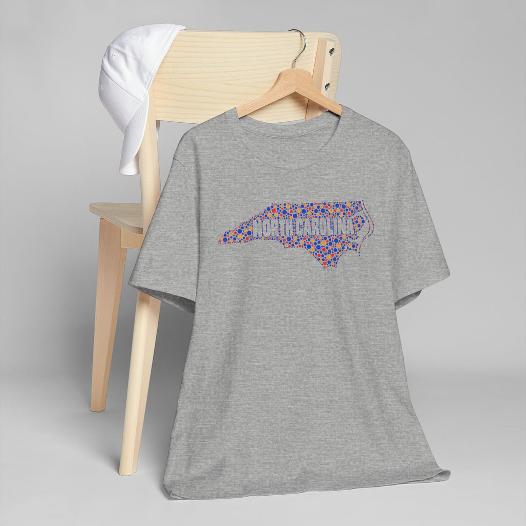 Heather gray T-shirt with colorful North Carolina outline graphic